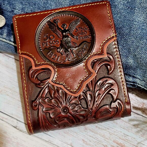 Western Wallet Mexican Embossed Leather Floral Cutout Layered Bifold - Picture 1 of 8